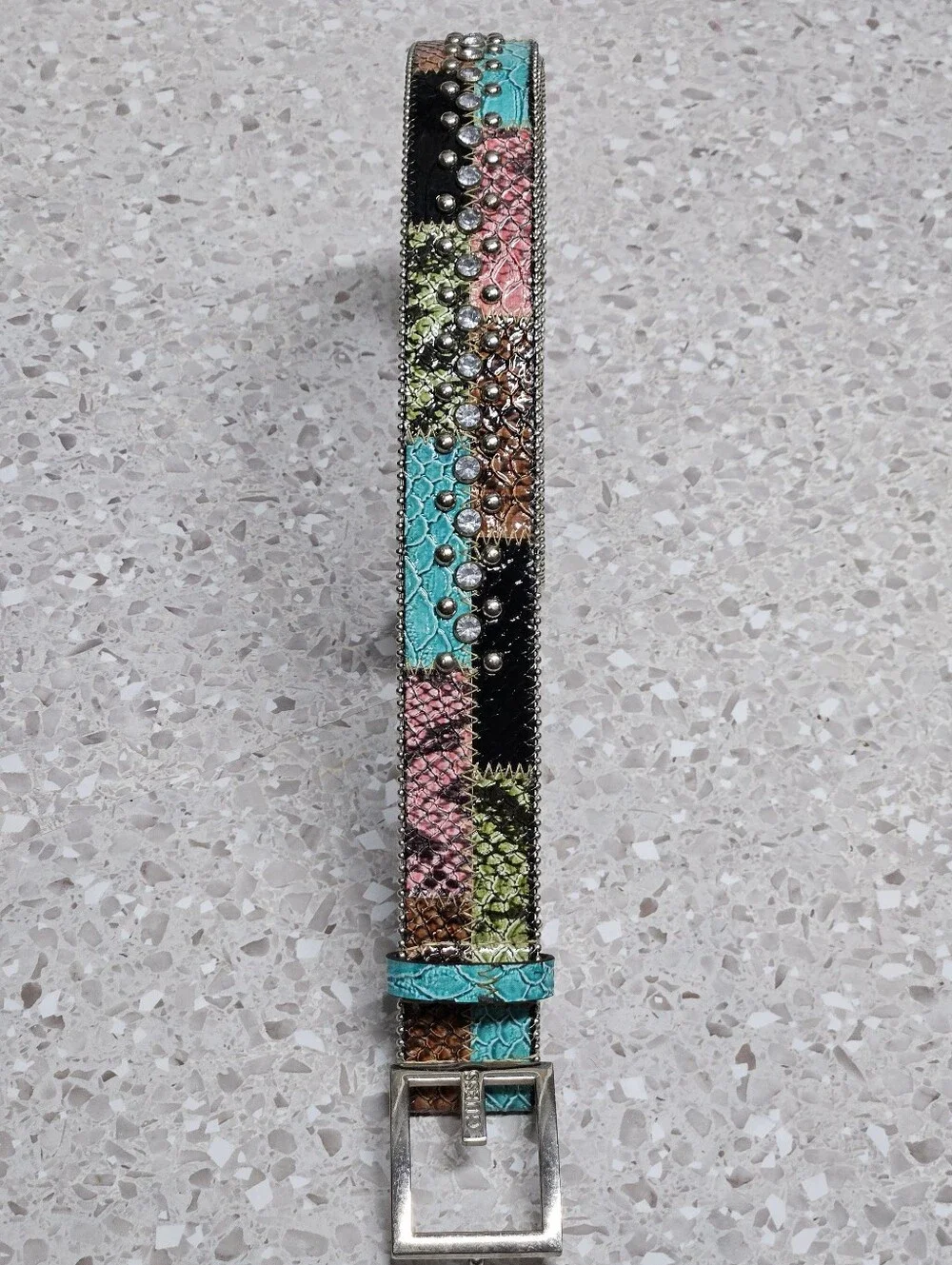 Guess Multi-Color Patchwork Belt with Rhinestones Size XL Y2K